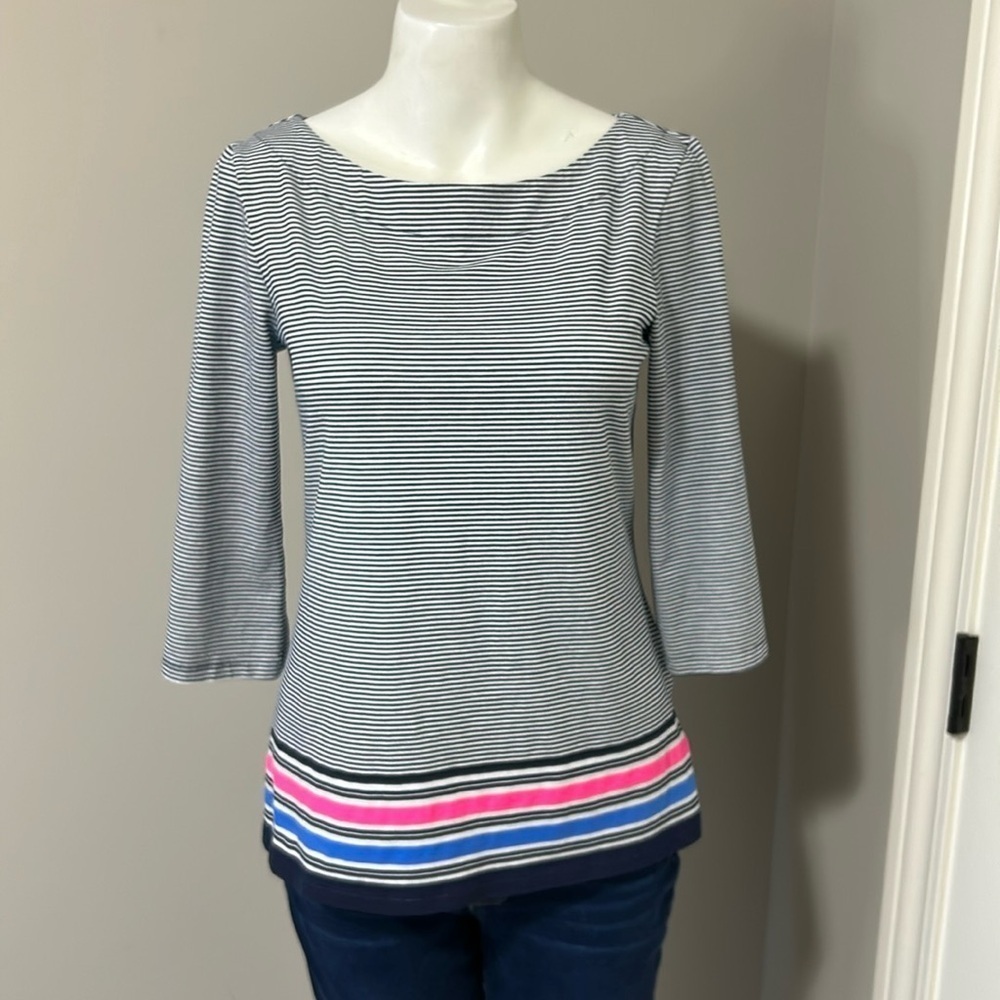 Lilly Pulitzer Waverly Bayside Stripe Engineered True Navy Boatneck Keyhole Sz S